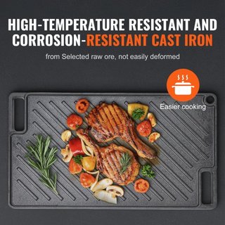 Reversible Grill/Griddle, 9.7"x16.7" Sartén de Hierro Fundido Pre-Sazonada, Sartén Rectangular para Doble Quemador, Sartén Familiar Antiadherente con Mangos, Placa Superior Plana para BBQ, Parrill...