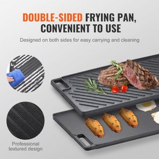 Reversible Grill/Griddle, 9.7"x16.7" Sartén de Hierro Fundido Pre-Sazonada, Sartén Rectangular para Doble Quemador, Sartén Familiar Antiadherente con Mangos, Placa Superior Plana para BBQ, Parrill...