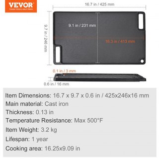 Reversible Grill/Griddle, 9.7"x16.7" Sartén de Hierro Fundido Pre-Sazonada, Sartén Rectangular para Doble Quemador, Sartén Familiar Antiadherente con Mangos, Placa Superior Plana para BBQ, Parrill...