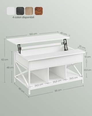 Mesa de Café, Mesa de Salón con Tablero Elevable, Mesa con Espacio de Organizador Abierto y Oculto, Barras en X, 60 X 100 X (48-62) Cm, Blanco Nieve y Blanco LCT205W46