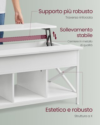 Mesa de Café, Mesa de Salón con Tablero Elevable, Mesa con Espacio de Organizador Abierto y Oculto, Barras en X, 60 X 100 X (48-62) Cm, Blanco Nieve y Blanco LCT205W46