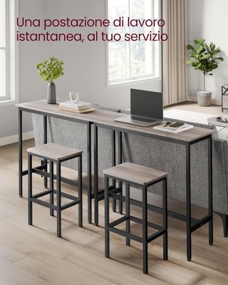 Tavolo Alto, Set Tavolo e Sgabelli da Bar, Tavolo da Colazione con 2 Sgabelli, Struttura in Acciaio Industriale, Greige Melange e Nero Tinta LBT218B02