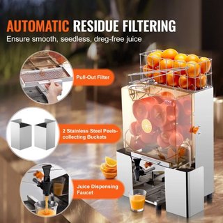 Máquina Exprimidora de Naranjas Comercial, Extractor de Jugo Automático de 120W con Grifo de Agua, Exprimidor de Naranjas de Acero Inoxidable 20 Naranjas/Minuto, con Caja de Filtro Extraíble, Cubi...