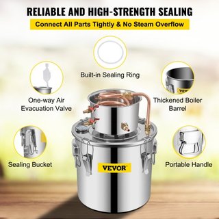 Still Distiller 3Gal Destilador de Agua 12L Destilador de Agua de Acero Inoxidable Kit de Elaboración de Cerveza de Tubo de Cobre Termómetro Integrado para Whisky Vino Brandy DIY Plata