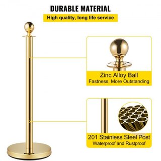 Conjunto de 2 postes de barrera de control de fila de oro con parte superior redonda, soportes de seguridad, divisor de cuerda con cuerda roja de 1.5M, barrera de control de multitudes, columna de...