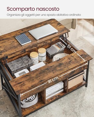 Mesa de Café, Mesa de Salón con Tablero Elevable, Mesa con Espacio de Organizador Abierto y Oculto, Barras en X, 60 X 100 X (48-62) Cm, Marrón Vintage y Negro LCT205B01
