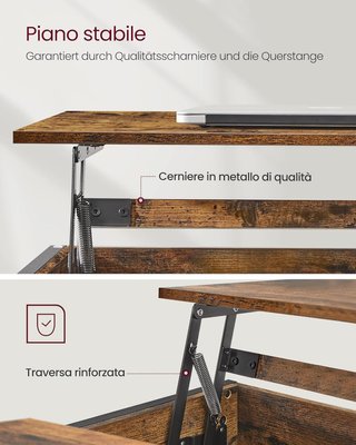 Mesa de Café, Mesa de Salón con Tablero Elevable, Mesa con Espacio de Organizador Abierto y Oculto, Barras en X, 60 X 100 X (48-62) Cm, Marrón Vintage y Negro LCT205B01