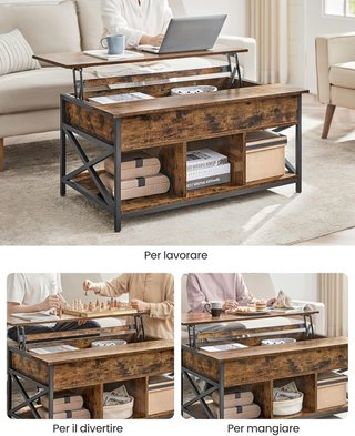 Mesa de Café, Mesa de Salón con Tablero Elevable, Mesa con Espacio de Organizador Abierto y Oculto, Barras en X, 60 X 100 X (48-62) Cm, Marrón Vintage y Negro LCT205B01