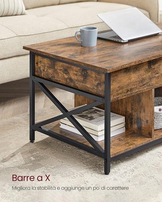 Mesa de Café, Mesa de Salón con Tablero Elevable, Mesa con Espacio de Organizador Abierto y Oculto, Barras en X, 60 X 100 X (48-62) Cm, Marrón Vintage y Negro LCT205B01