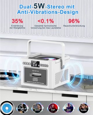 Reproductor CD/Casete Bluetooth Recargable Blanco