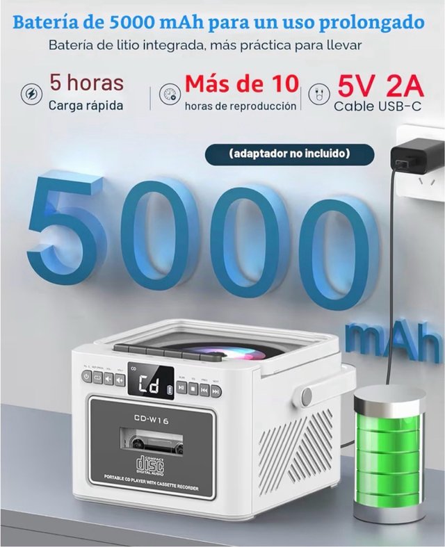 Reproductor CD/Casete Bluetooth Recargable Blanco