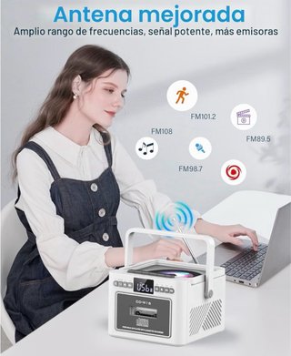 Reproductor CD/Casete Bluetooth Recargable Blanco