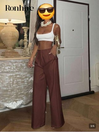 Pantalón traje tiro alto marrón