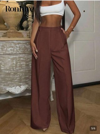 Pantalón traje tiro alto marrón