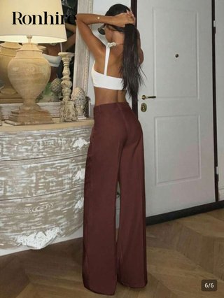 Pantalón traje tiro alto marrón
