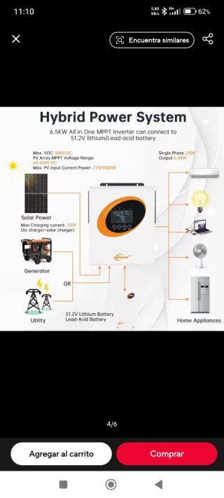 Inversor Solar Híbrido JSDsolar 6.5KW, 9000w panel