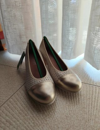 Zapatos Pitillos Beige y Dorado Talla 40