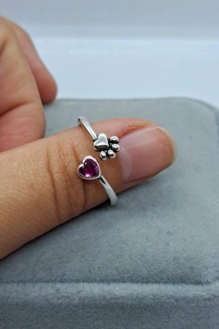 Anillo Plata 925 Huella Corazón Rosa