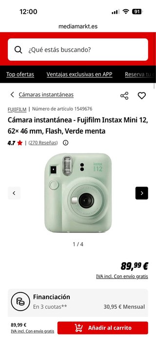 Cámara Instax Mini 12 Verde Menta Fujifilm