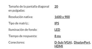 Monitor 19.5" HD+ IPS (1600x900) HDMI/DP/VGA