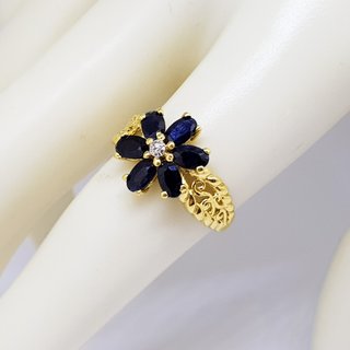 Anillo Oro 18K Flor Zafiros y Diamante
