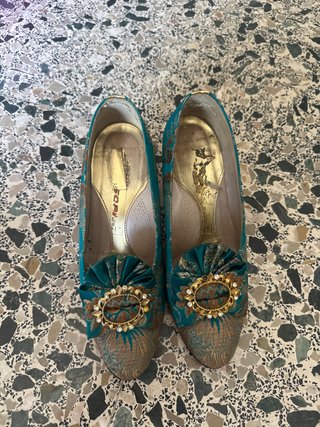 Zapatos Fallera Descans Oro y Turquesa
