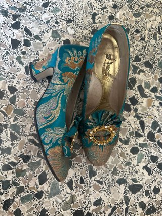 Zapatos Fallera Descans Oro y Turquesa