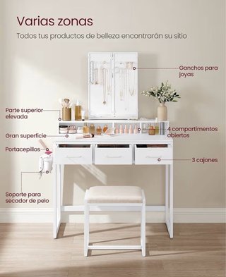 Tocador blanco con taburete