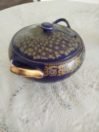 Tazón Vintage Porcelana Azul Flores Pavos