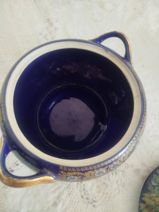 Tazón Vintage Porcelana Azul Flores Pavos
