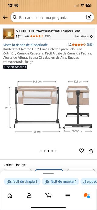 Cuna colecho KinderKraft gris, con colchon.