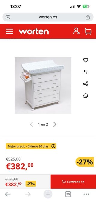 Cómoda cambiador blanca con detalles madera