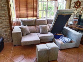 Sofá modular tela gris y beige