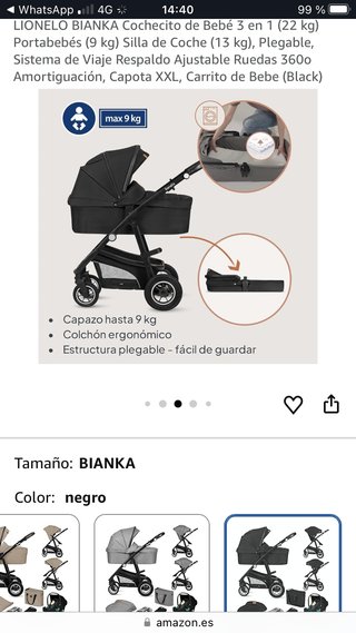 Cochecito Bebé Lionelo Bianka 3 en 1 Negro