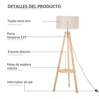 Lámpara Pie Trípode Madera Natural con Estante