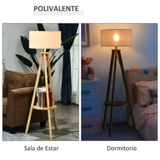Lámpara Pie Trípode Madera Natural con Estante