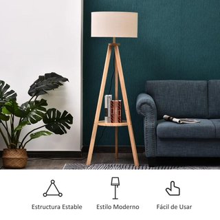 Lámpara Pie Trípode Madera Natural con Estante