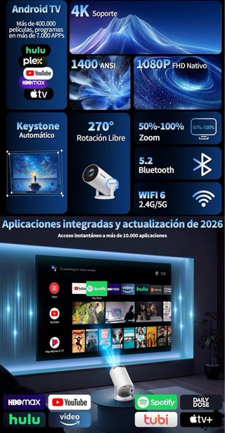 Proyector 1080P WiFi6 Bluetooth 5.2 App Integrada