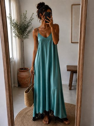 Vestido Zara verde con encaje negro