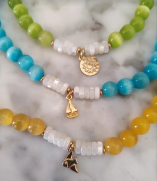 Pulsera Nácar, Ojo de Gato y Plata 925 Oro