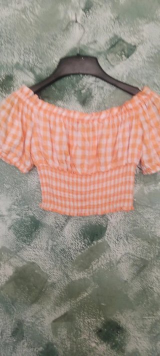 Blusa Crop Cuadros Naranja Talla Única