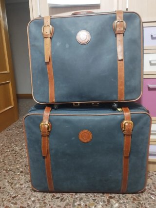 Juego Maletas Vintage Cuero Azul/Marrón