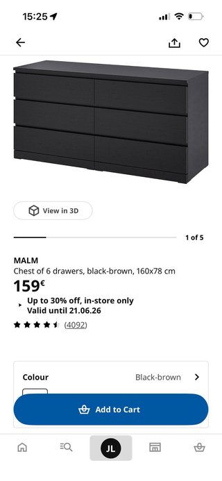 Malm IKEA - Cómoda 6 cajones negra- 160x78 cm