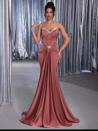 Vestido de fiesta largo rosa y plata