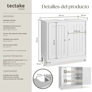 Mueble de lavabo 2 amplios compartimentos 62 x 30 x 60 cm blanco