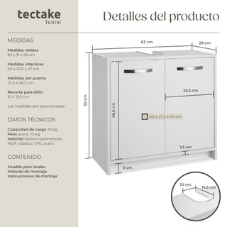 Mueble bajo lavabo con gran capacidad de carga de 20 kg, blanco