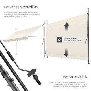Toldo plegable para balcón con manivela, 350x120x211 - 304 cm, beige