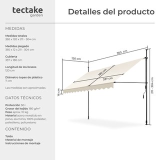 Toldo plegable para balcón con manivela, 350x120x211 - 304 cm, beige