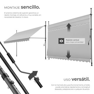 Toldo plegable para balcón con manivela 350x120x211-304 cm, gris claro