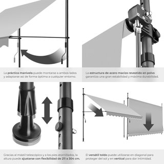 Toldo plegable para balcón con manivela 350x120x211-304 cm, gris claro